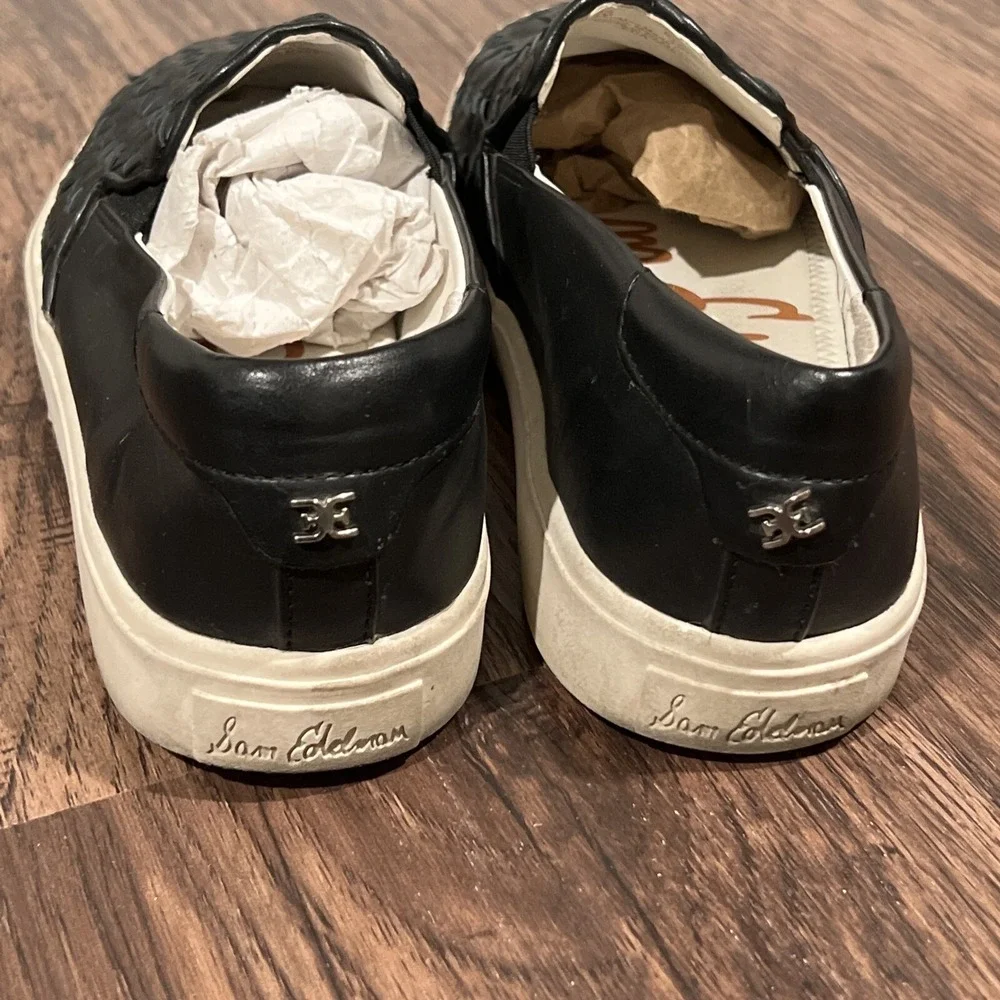 Women's Sam Edelman Eda Shoes Size 7 Black Leather Slip On Sneakers Loafers EUC